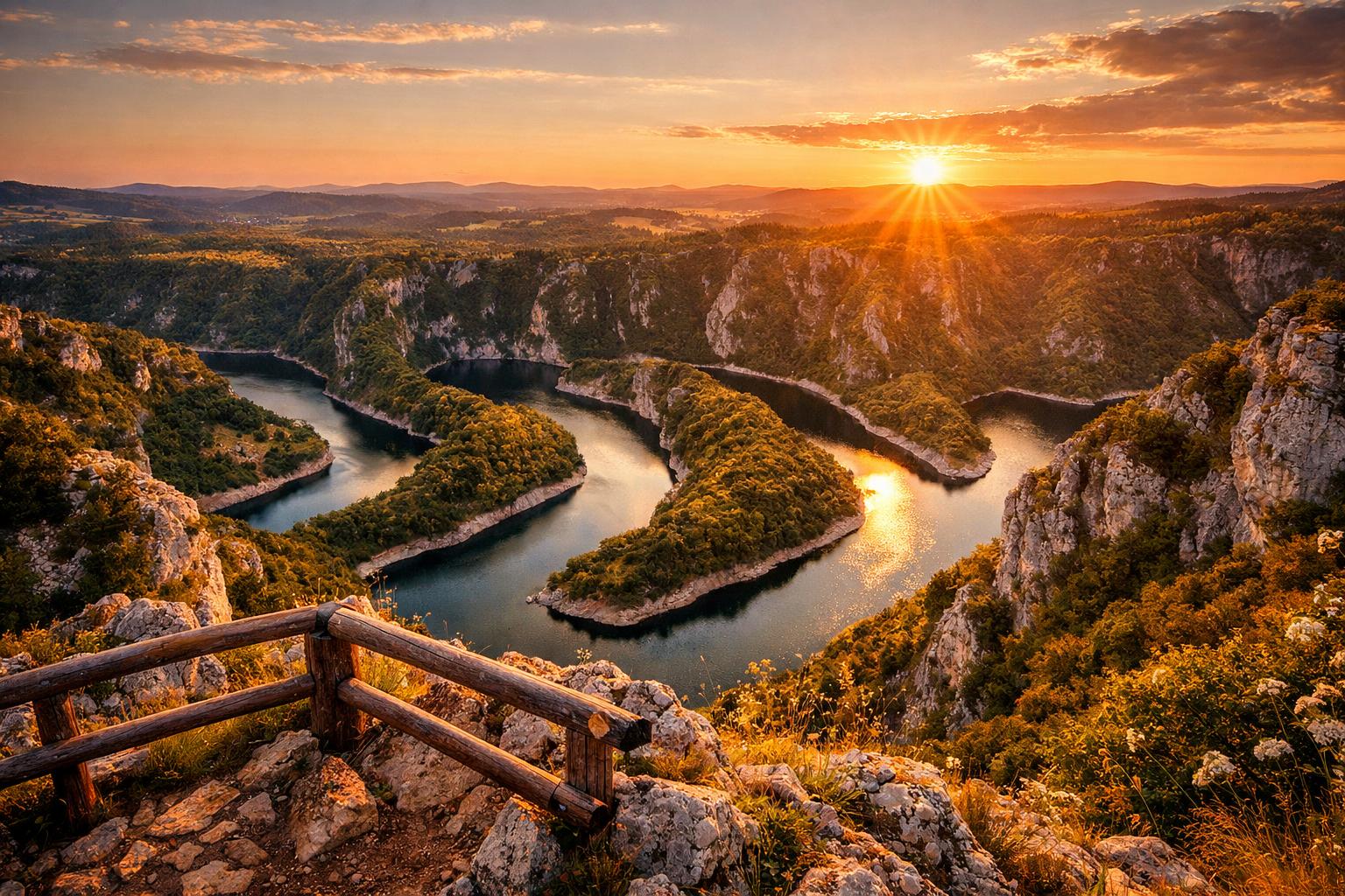 Mäander des Uvac-Flusses bei Sjenica in Serbien bei Sonnenuntergang